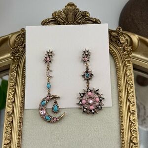 Asymmetric Moon & Sun Drop Earrings – Pink & Turquoise Crystals